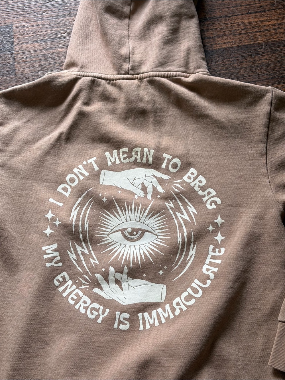Men's New Age Hoodie Beige Spell-Out M Tarot Third Eye Energy Work Reiki Spirit